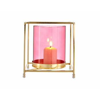 Candleholder Gift Decor SW120662A Pink Golden Metal Glass 14 x 15,5 x 14 cm Squared,,,