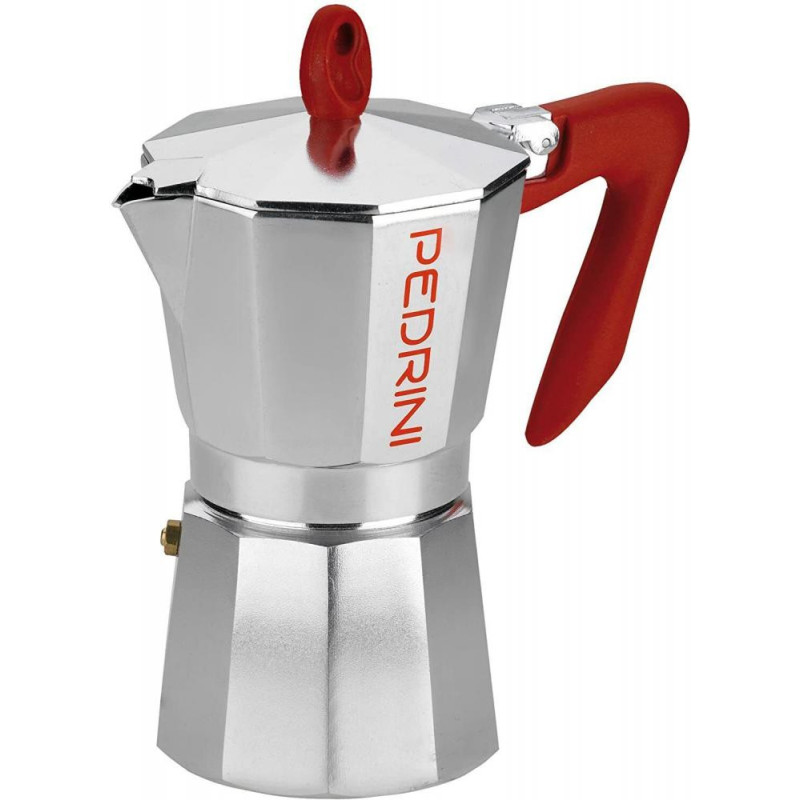KAFFETTIERA ESPRESSO COFFEE MAKER  12 TASĪTĒM, AR SARKANIEM PEN URIEM, ALUMĪNIJS, PEDRINI