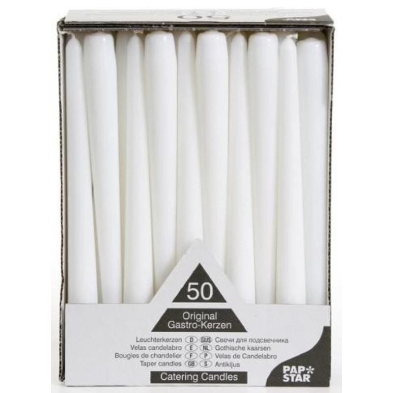 CANDLES 2.2x25CM, 50PC.., WHITES DEG 7ST.  3.039 kg / iepak., Pap Star