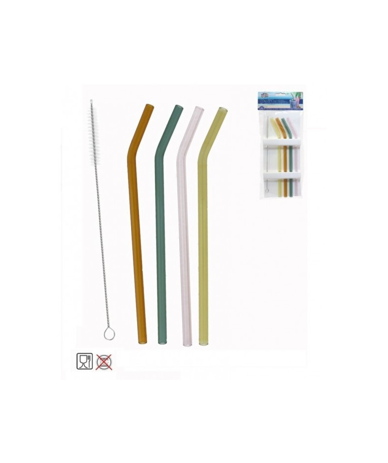 Šiaudeliai stikl. 21cm 4vnt lenkti su šepetėliu