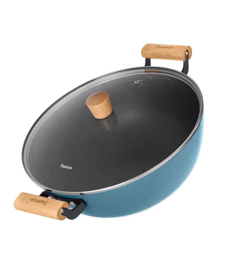Wok SEAGREEN 28x8 cm / 4 LTR with glass lid (enamelled lightweight cast iron with non-stick coating)