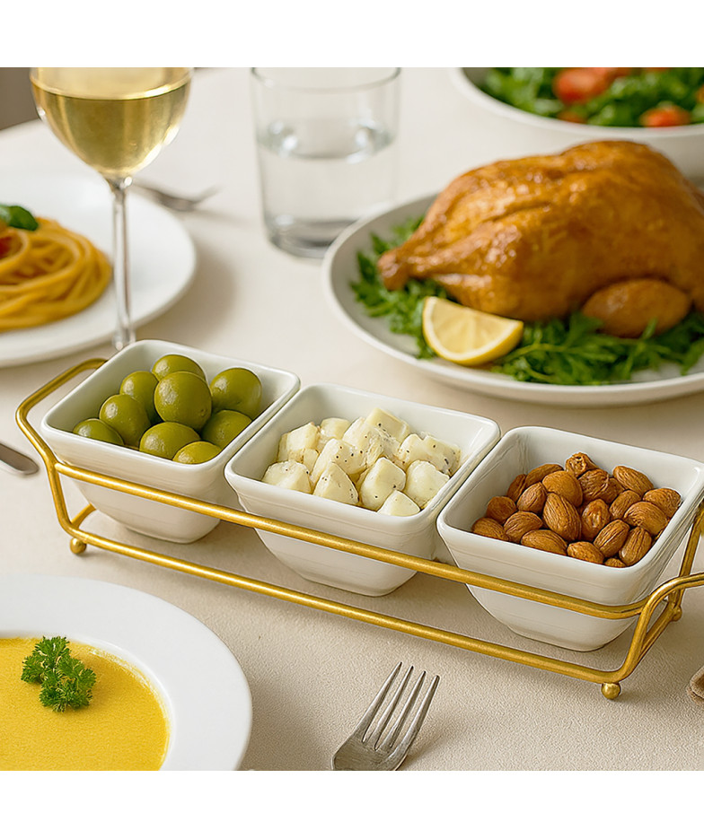 Bļodiņu komplekts metāla statīvā 3 gab. 35,8x10,7x6,3 cm (porcelāns)