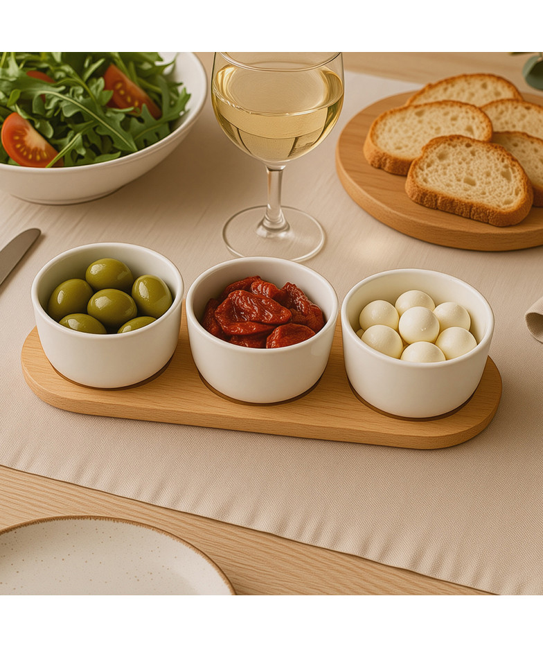 Bļodiņu komplekts koka statīvā 3 gab. 28,5x9,5x6,1 cm (porcelāns)