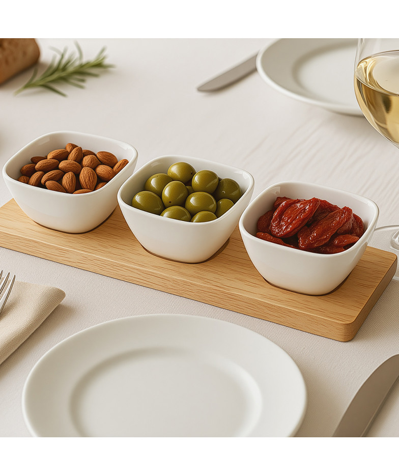 Bļodiņu komplekts koka statīvā 3 gab. 31x10x5,2 cm (porcelāns)