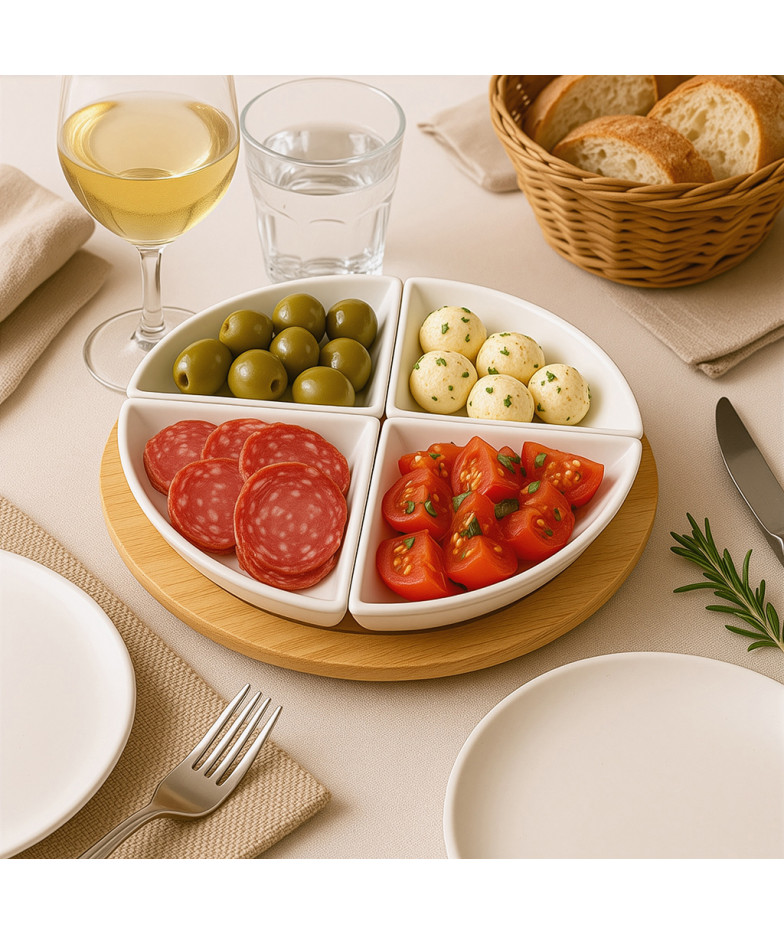 Bļodiņu komplekts koka statīvā 4 gab. 31x21x3,8 cm (porcelāns)