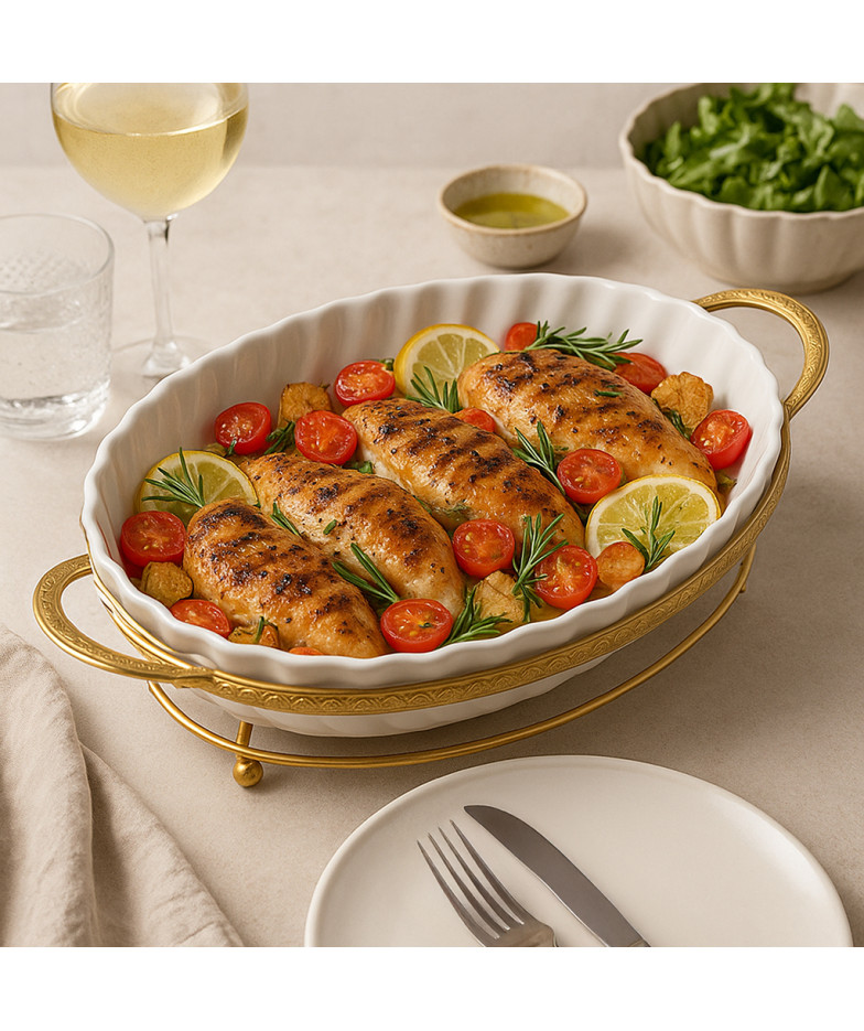 Servēšanas trauks uz metāla statīva 40,7x22,5x7 cm (porcelāns)