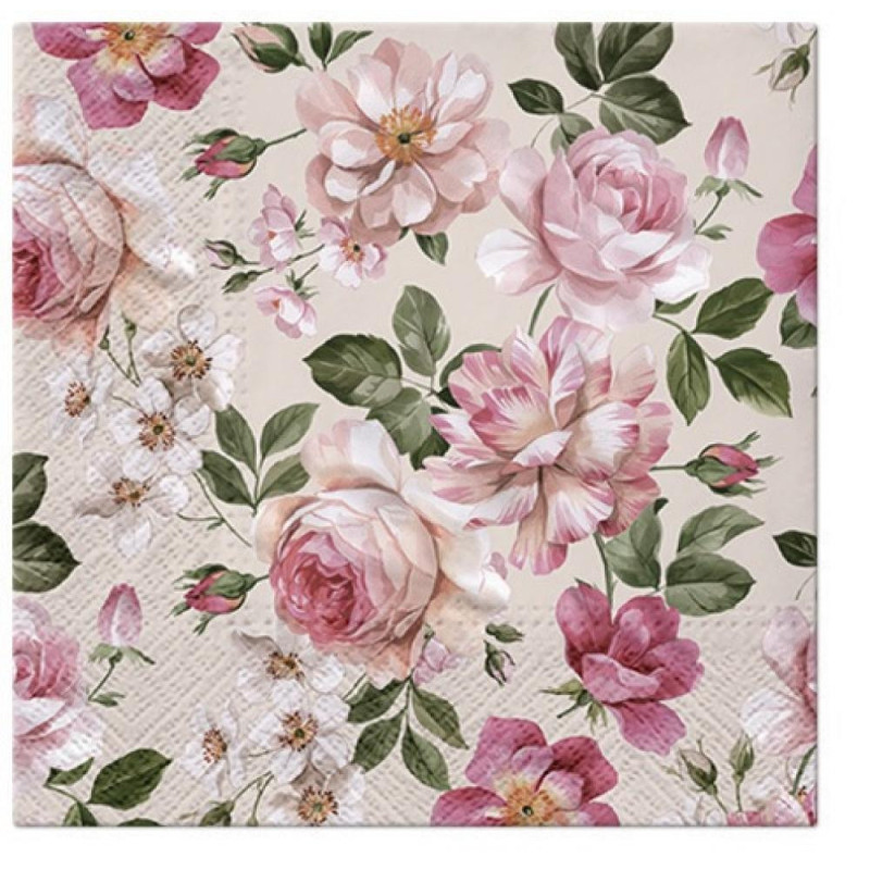 NAPKINS  33X33CM ROSES GLORY CREAM, Paw Decor Collection