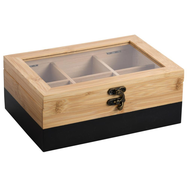 TEA   BOX  21.5x15x8.5CM, 6 SECTIONS , AR MELNU MOTĪVU, BAMBUSS, FSC, Kesper