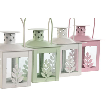 Žibintų rinkinys Home ESPRIT Balta Žalia Rožinė Stiklas Geležis Shabby Chic 7 x 7 x 10 cm (3 Dalys) (4 vnt.),,,