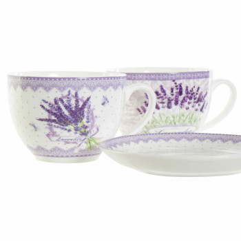 Tase ar šķīvi DKD Home Decor Balts Zaļš Ceriņš Porcelāns 220 ml (2 gb.)