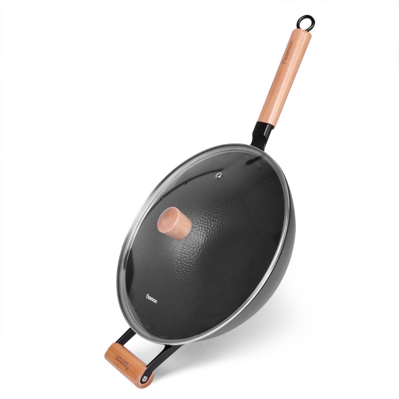 Wok NOMADA 30x9.5 cm / 5 LTR with helper handle and glass lid (lightweight cast iron with non-stick coating)