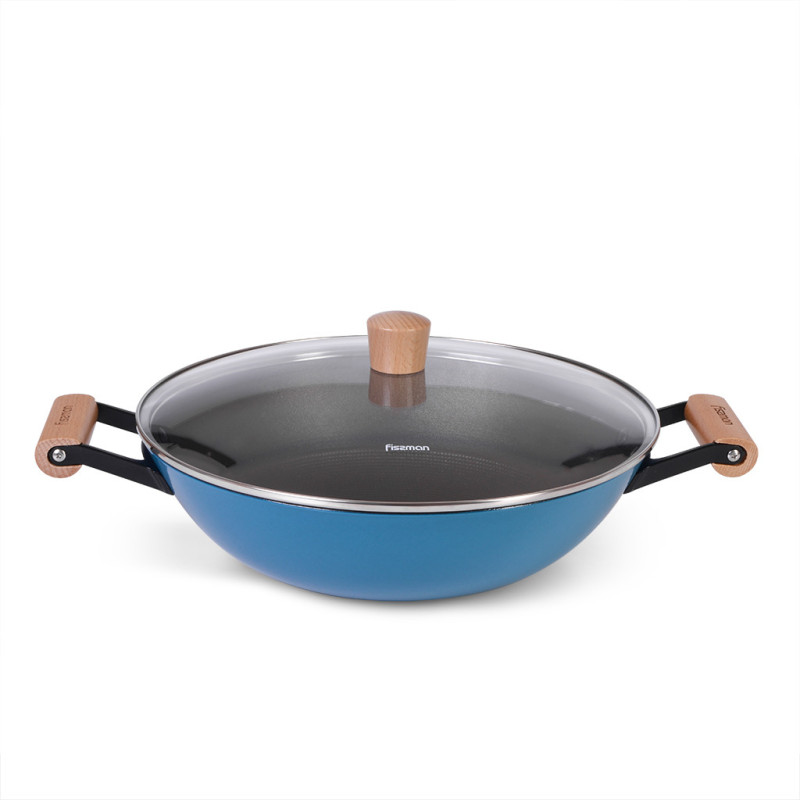 Wok SEAGREEN 32x9.2 cm / 5 LTR cm with glass lid (enamelled lightweight cast iron with non-stick coating)