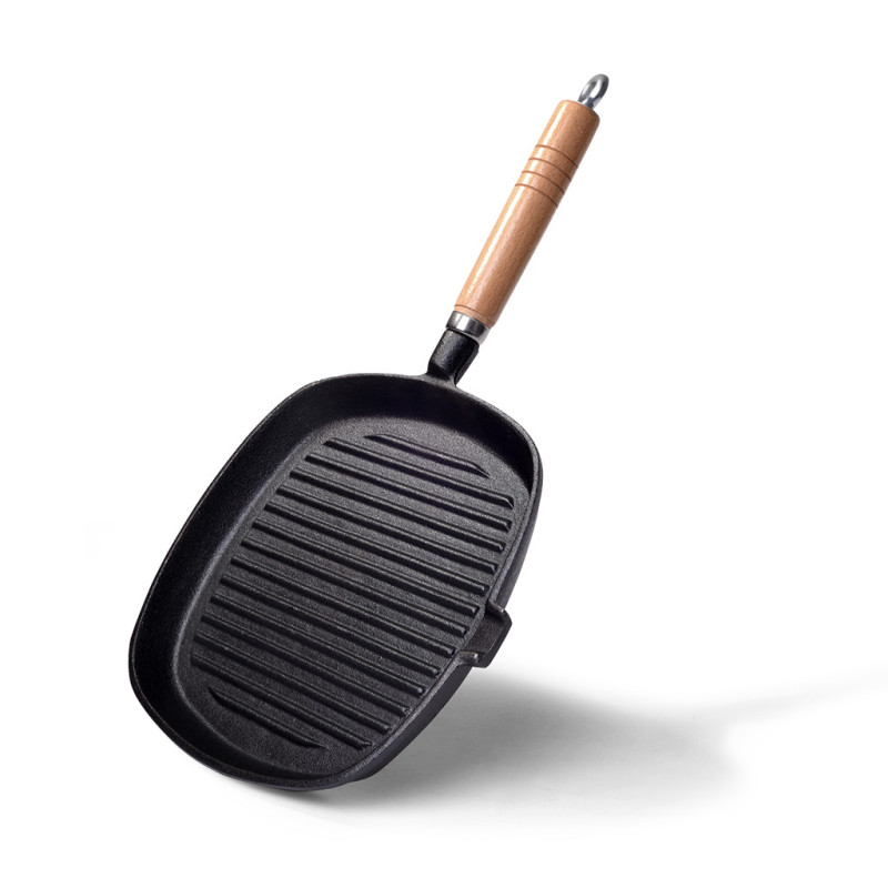 Square grill pan 25x4 cm with wooden handle (cast iron)