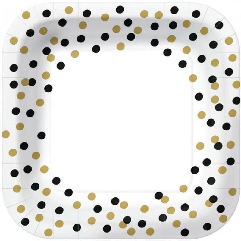 CONFETTI GOLD BLACK KVADRĀTV. PAPER  DISHES  23X23CM 10GB, 0.175KG/IEP, Paw Decor Collection