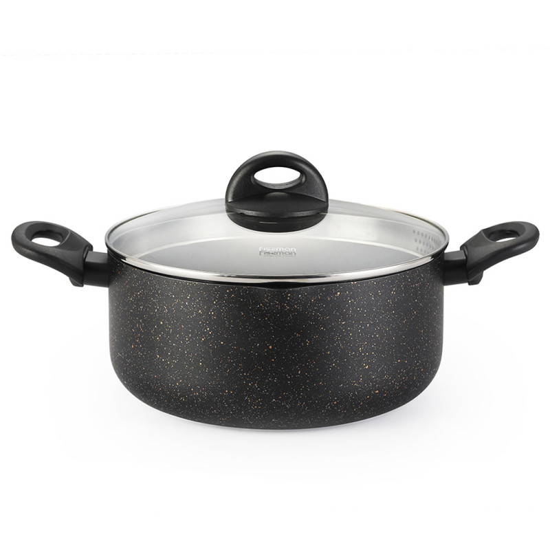 Stockpot PROMO 28x12 cm / 6.9 LTR with glass lid pouring lip and lid strainerwith induction bottom (aluminium with non-stick coa