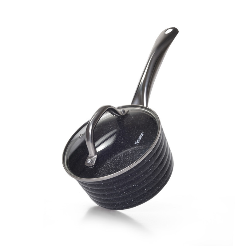 Sauce pan ELBRUS STONE 16x8,5 cm / 1,4 LTR with glass lid with induction bottom (aluminium with non-stick coating)