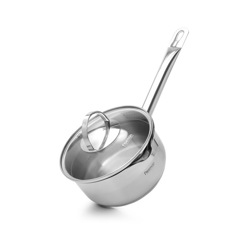 Saucepan CALLISTO 16x8 cm / 1.5 LTR with glass lid, pouring lip and lid strainer (stainless steel)