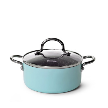 Mini cooking pot MINI CHEF 18x8 cm / 1,8 LTR with glass lid, color AQUAMARINE (aluminium with non-stick coating) (12 pcs per dis