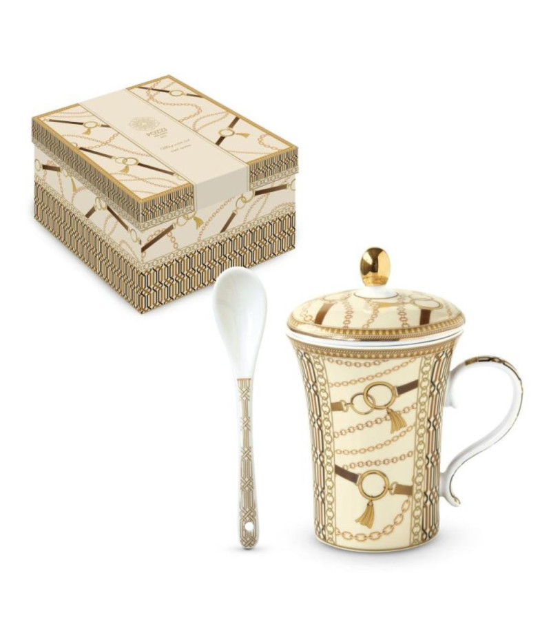 Luxury Mug Set with Tea Infuser, Lid and Spoon, 300 ml, White Porcelain, Gift Box, POZZI MILANO