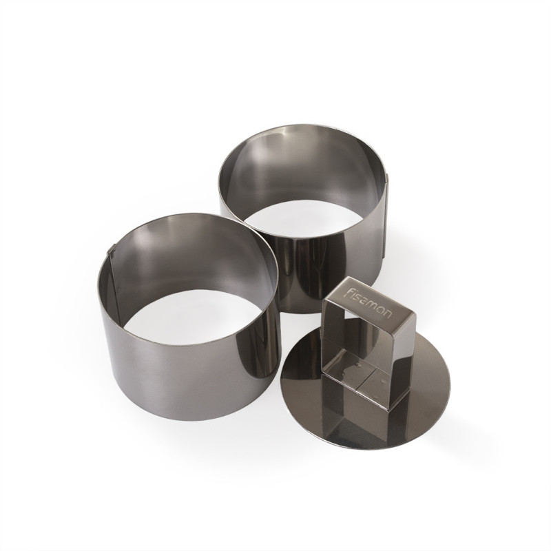 Set of 2 round food rings with pusher 7x4.5 cm (stainless steel)
