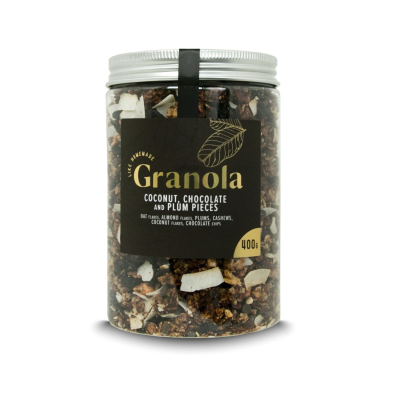 Granola su kokosais, šokoladu ir plūmais 400 g JUST NATURE