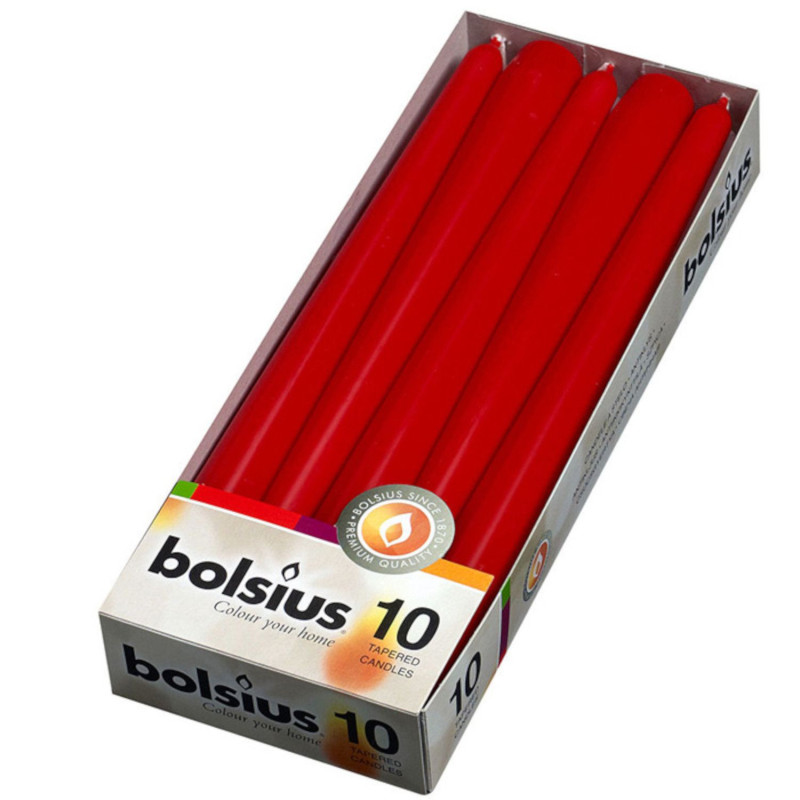 Candles h-24.5cm, 10pcs, tapered red
