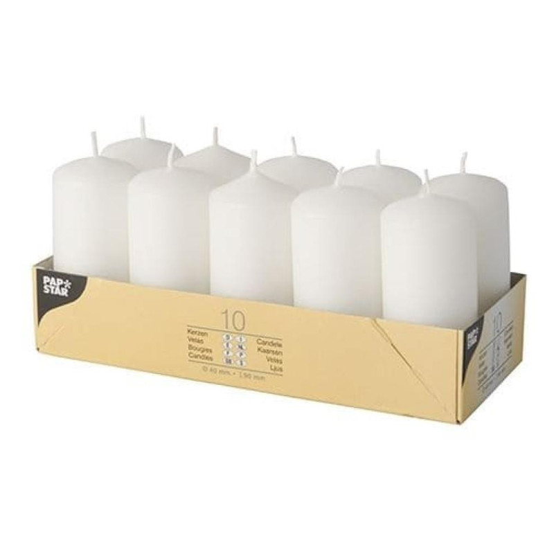 CANDLES 10PC., PILLAR  4X9CM, WHITES, DEG 9ST., Pap Star