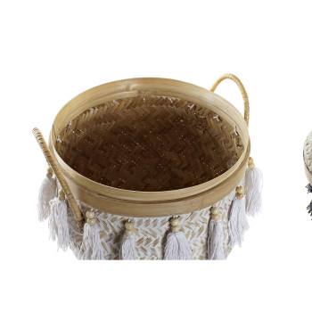 Set of decorative boxes DKD Home Decor White Grey Natural Bamboo Fringe Boho (3 Pieces),,,