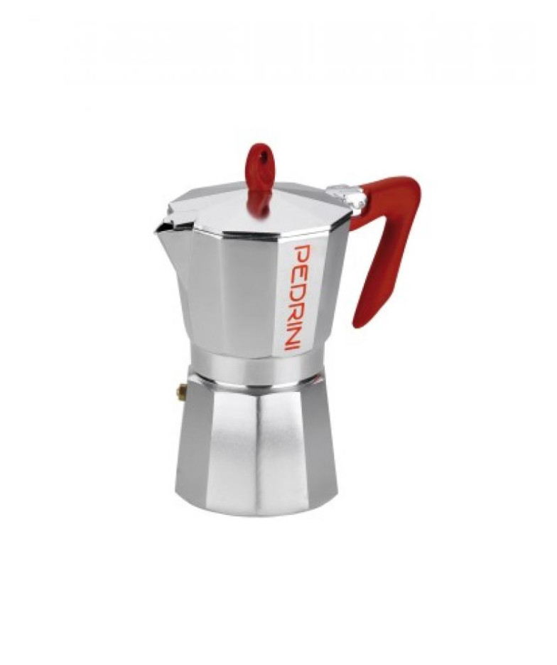 KAFFETTIERA ESPRESSO COFFEE MAKER  6 TASĪTĒM, AR SARKANIEM PEN URIEM, ALUMĪNIJS, PEDRINI