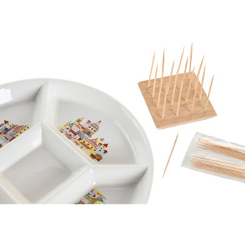 Set za Predjelo DKD Home Decor 23,5 x 23,5 x 7 cm Naturaalne Punane Mitmevärviline Keraamika Cottage Majad