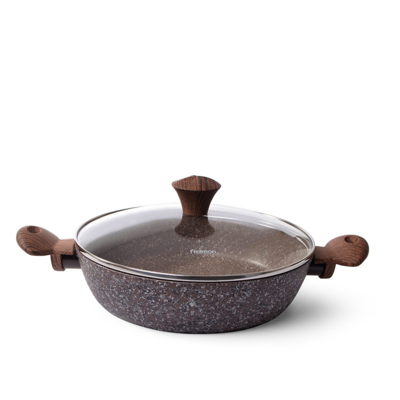 Shallow casserole MAGIC BROWN 26x6.5 cm / 2.85 LTR with glass lid and induction bottom CHOCOLATE color (aluminium with non-stick