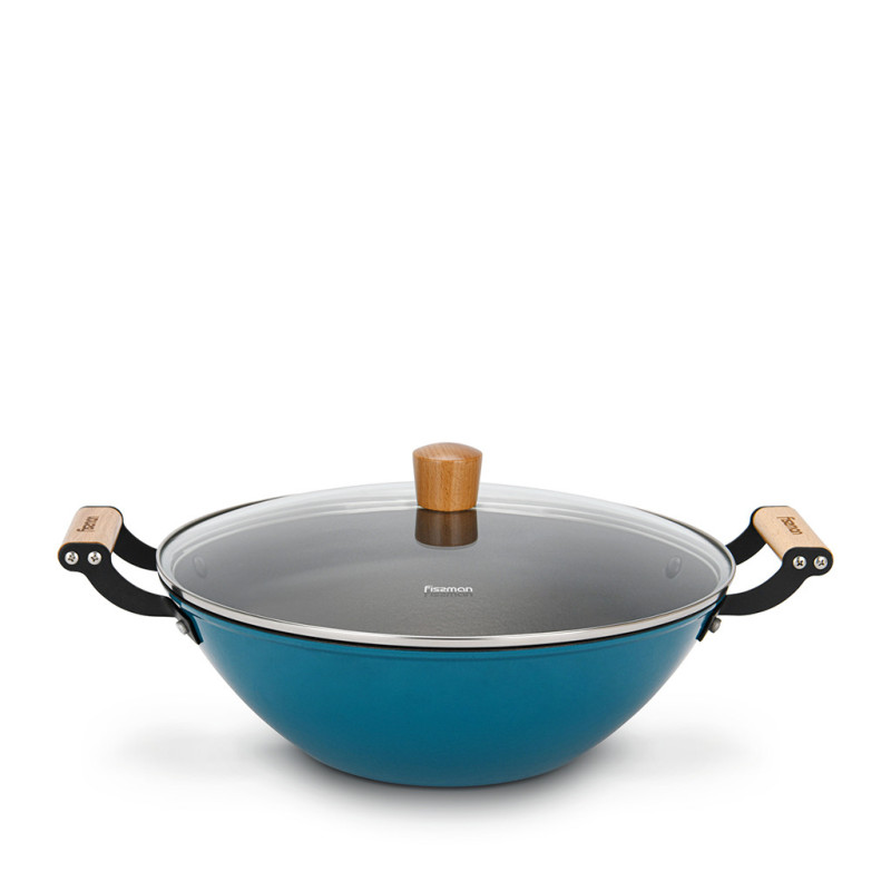 Wok SEAGREEN 32x10.5 cm / 5 LTR with glass lid (enamelled lightweight cast iron with non-stick coating)
