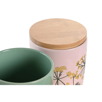 Purk DKD Home Decor 11,5 x 11,5 x 12 cm Lilleline Roosa Roheline Bambus Keraamika Shabby Chic (2 Ühikut)